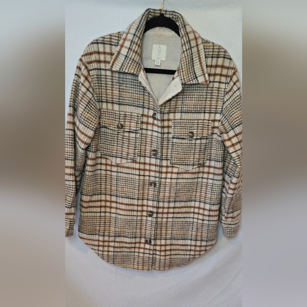 Joie Plaid Flannel Long Shacket Button-Up Jacket Earth Tones Neutral Women's M